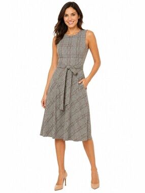 Calvin Klein Sleeveless Plaid Fit & Flare Midi Dress with Tie Waist Size 8P